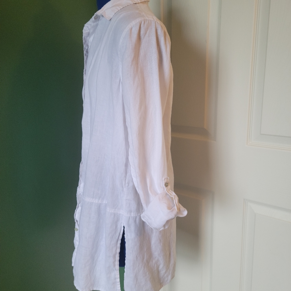 Tahari M 100% Linen Long Line White Button Up - Picture 3 of 9